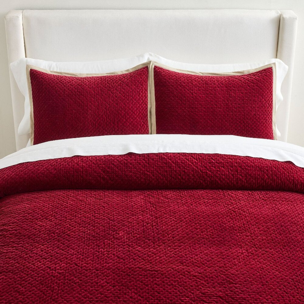 Pottery Barn Cross Stitch Velvet Quilt Ruby Red Full / Queen NEW